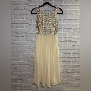 TFNC Gold Sequin and Cream Maxi Dress, size small